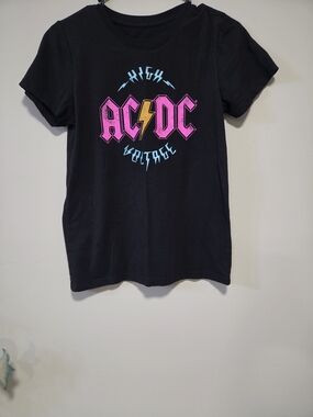 AC/DC Black Tee with Pink, Yellow & Blue Graphic